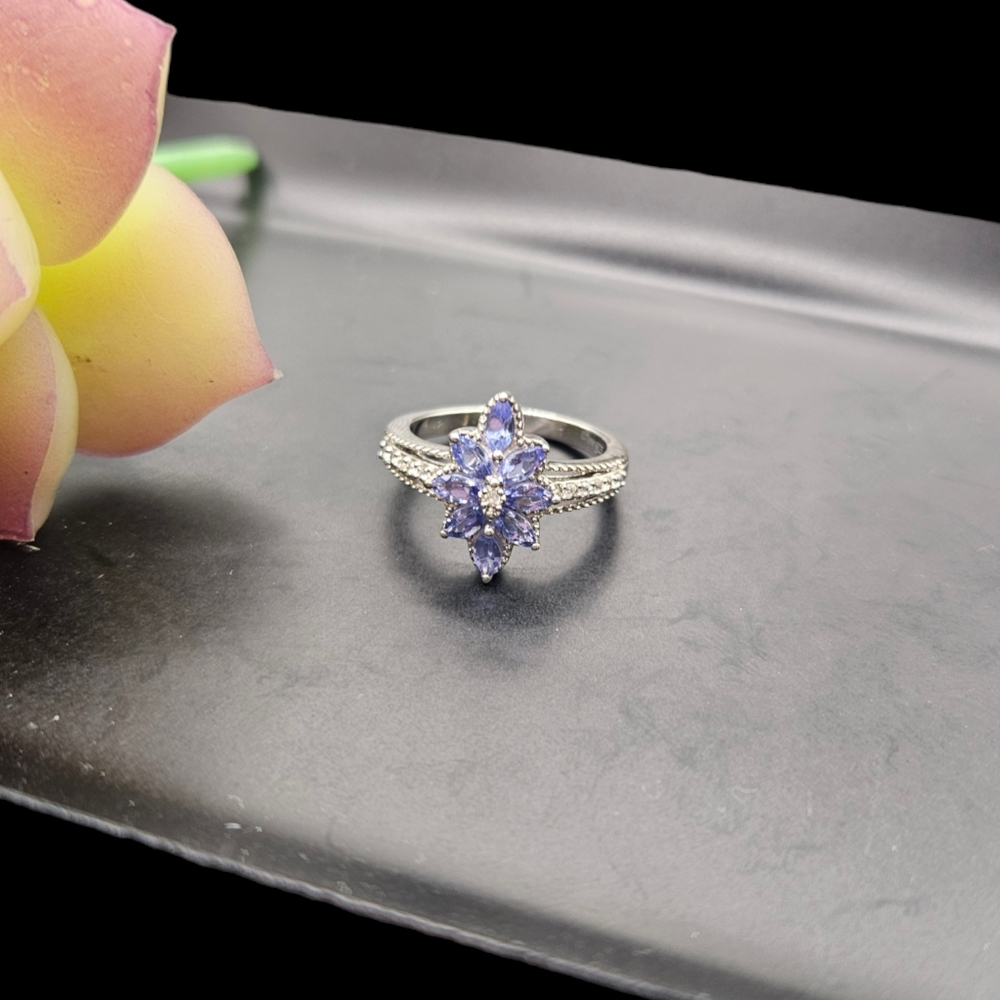 Tanzanite and Zircon Floral Ring